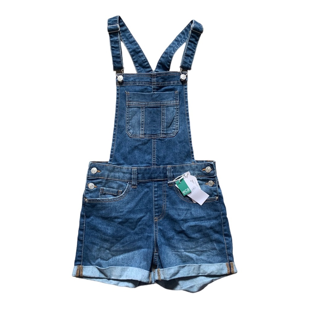 NWT Ardene Eco Repreve Recycled Halter Dungarees Overall Denim Jean Shorts
